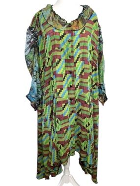 URU Silk Dress Oversized Lagenlook Abstract Print USA One Size